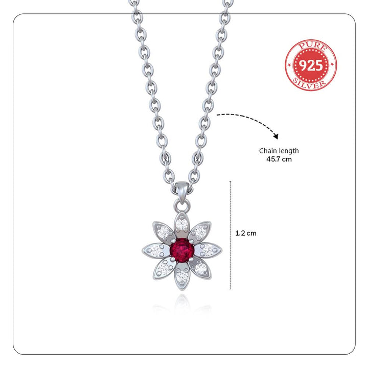 925 Pure Silver Sunflower Pendant Necklace with Red & White Zircon