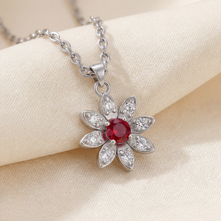 925 Pure Silver Sunflower Pendant Necklace with Red & White Zircon