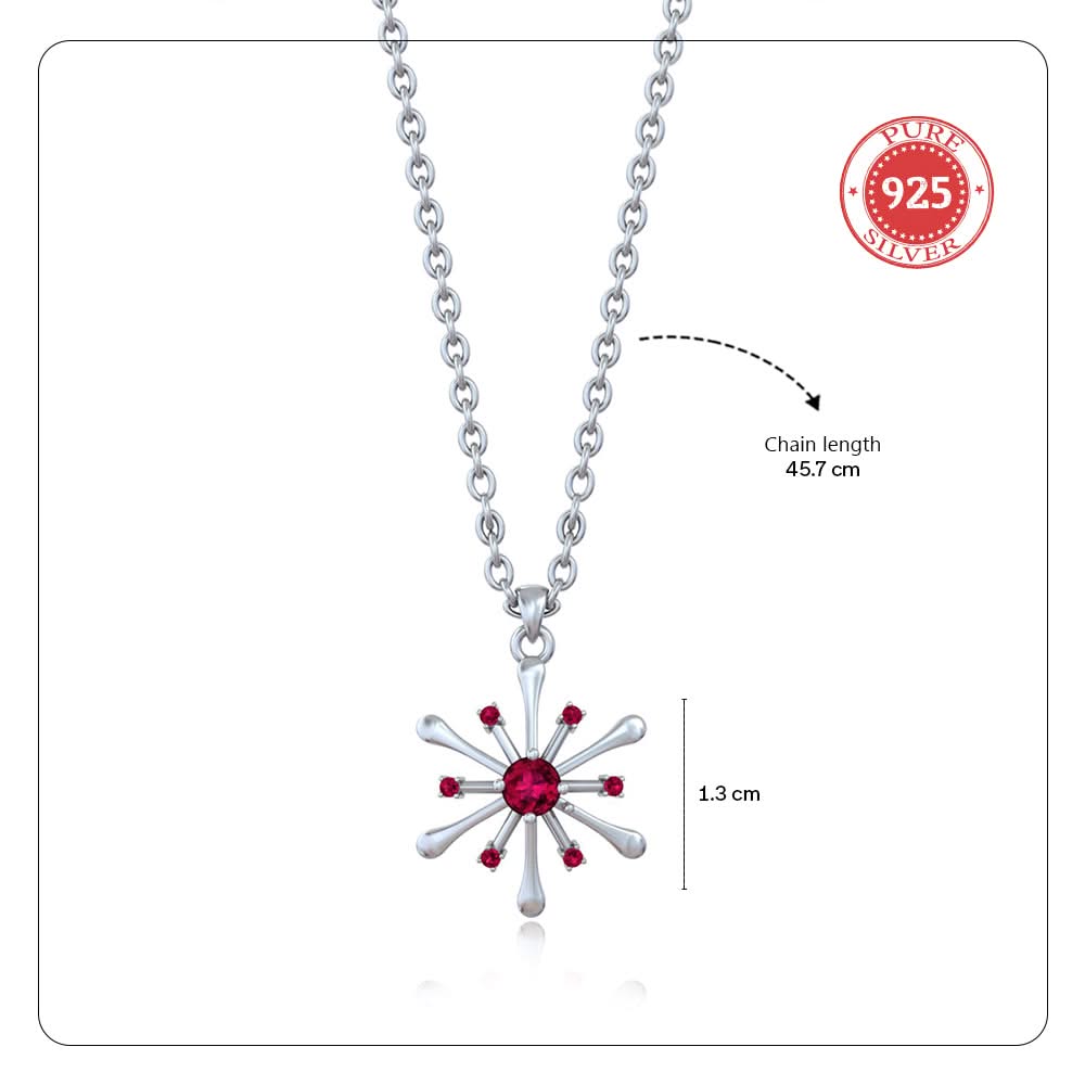 925 Pure Silver Red Zircon Snowflake Starburst Pendant Necklace