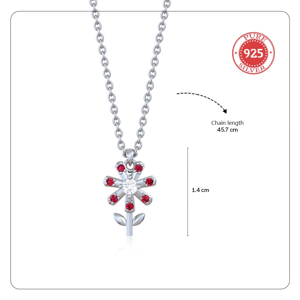 Pure Silver 24kt Gold Plated Ruby Flower Pendant Necklace