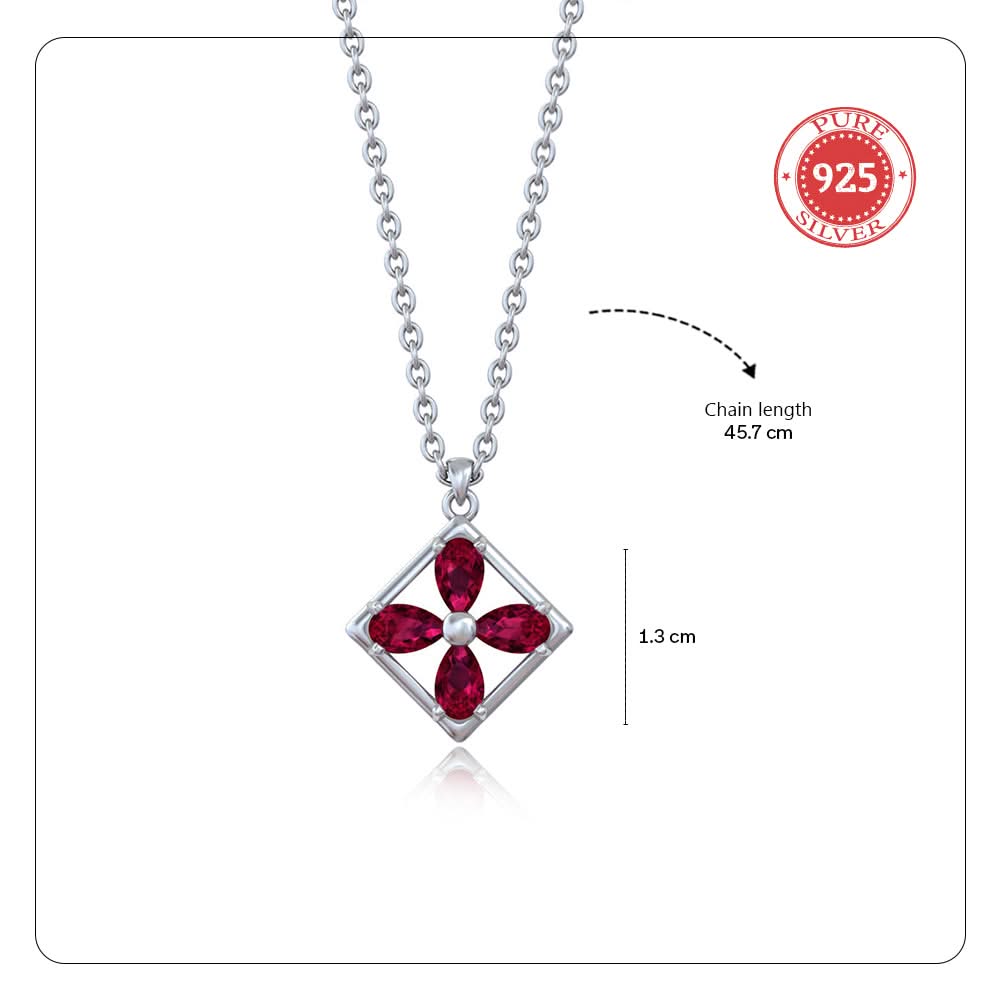 925 Pure Silver Square Floral Pendant Necklace with Red Zircon
