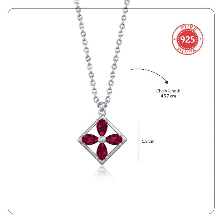 925 Pure Silver Square Floral Pendant Necklace with Red Zircon