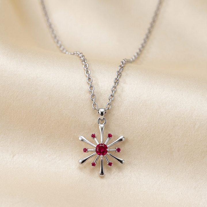 925 Pure Silver Red Zircon Snowflake Starburst Pendant Necklace