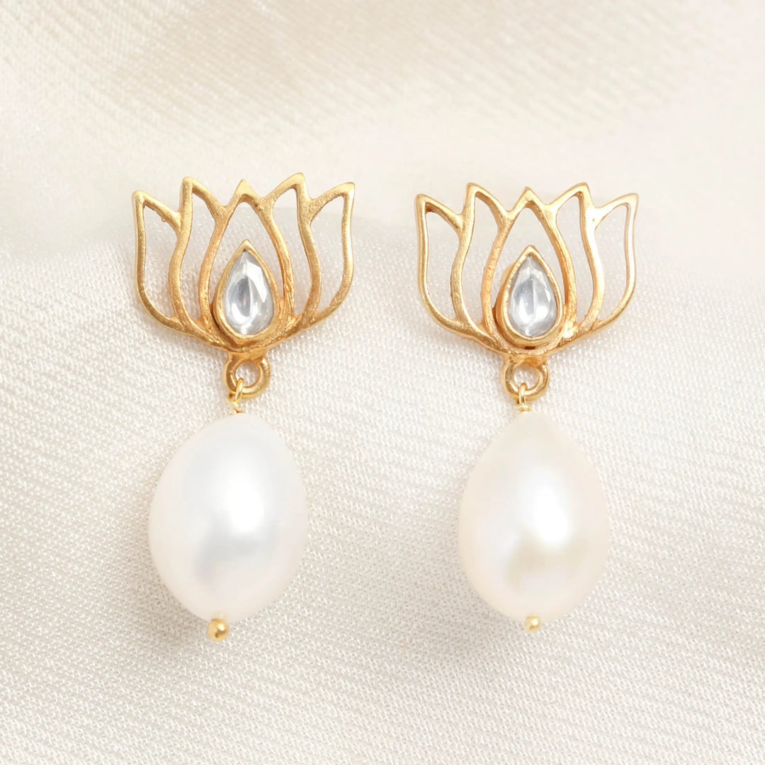Pearl Drop Gold Plated Lotus Earrings