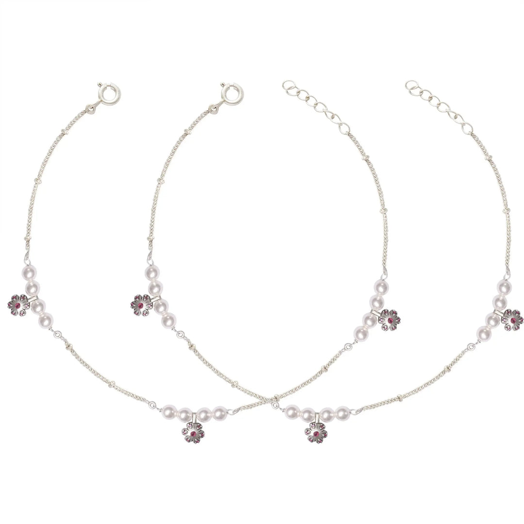 Pearl and Flower Motif Silver Anklet