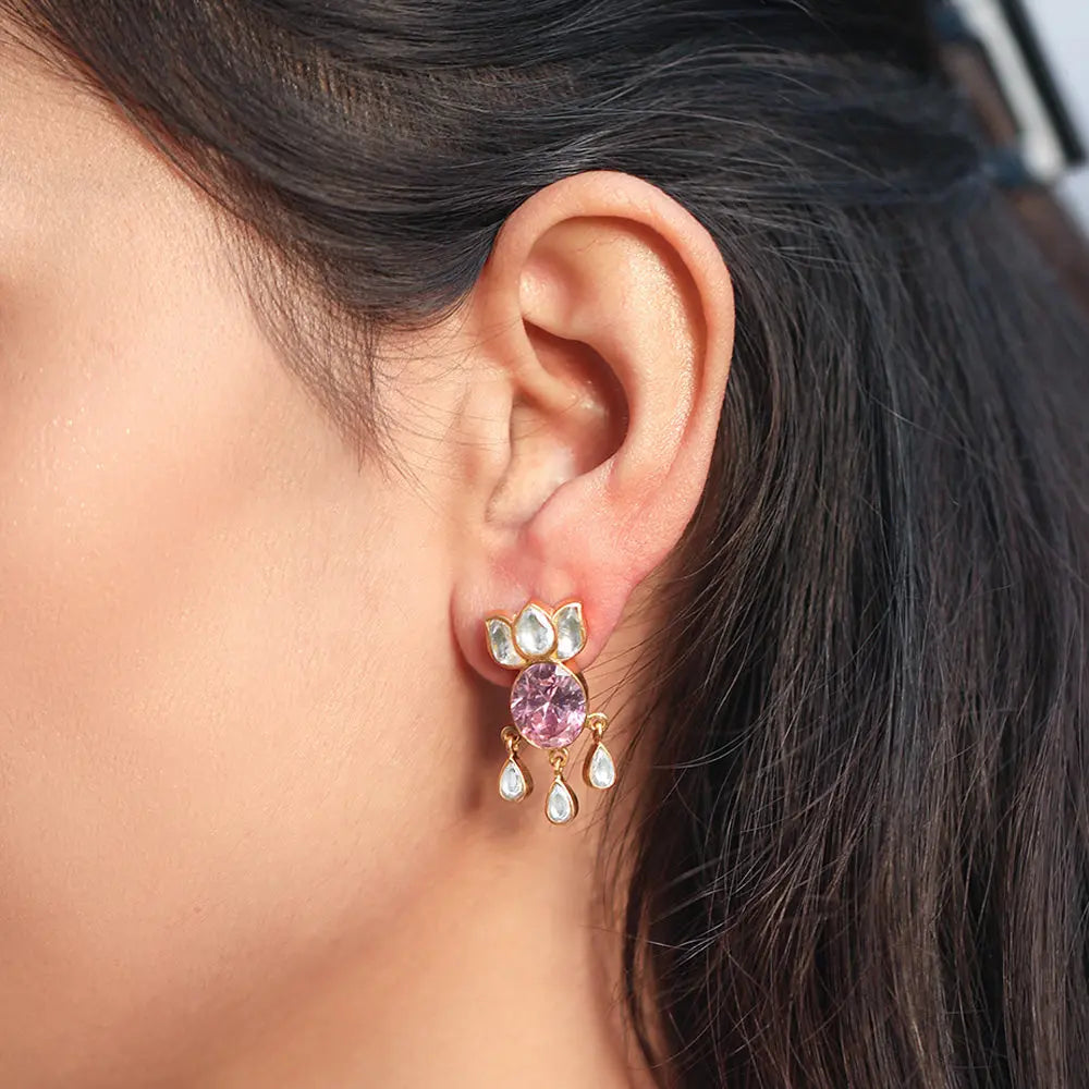 Pink Zircon With Polki Lotus Silver Earring