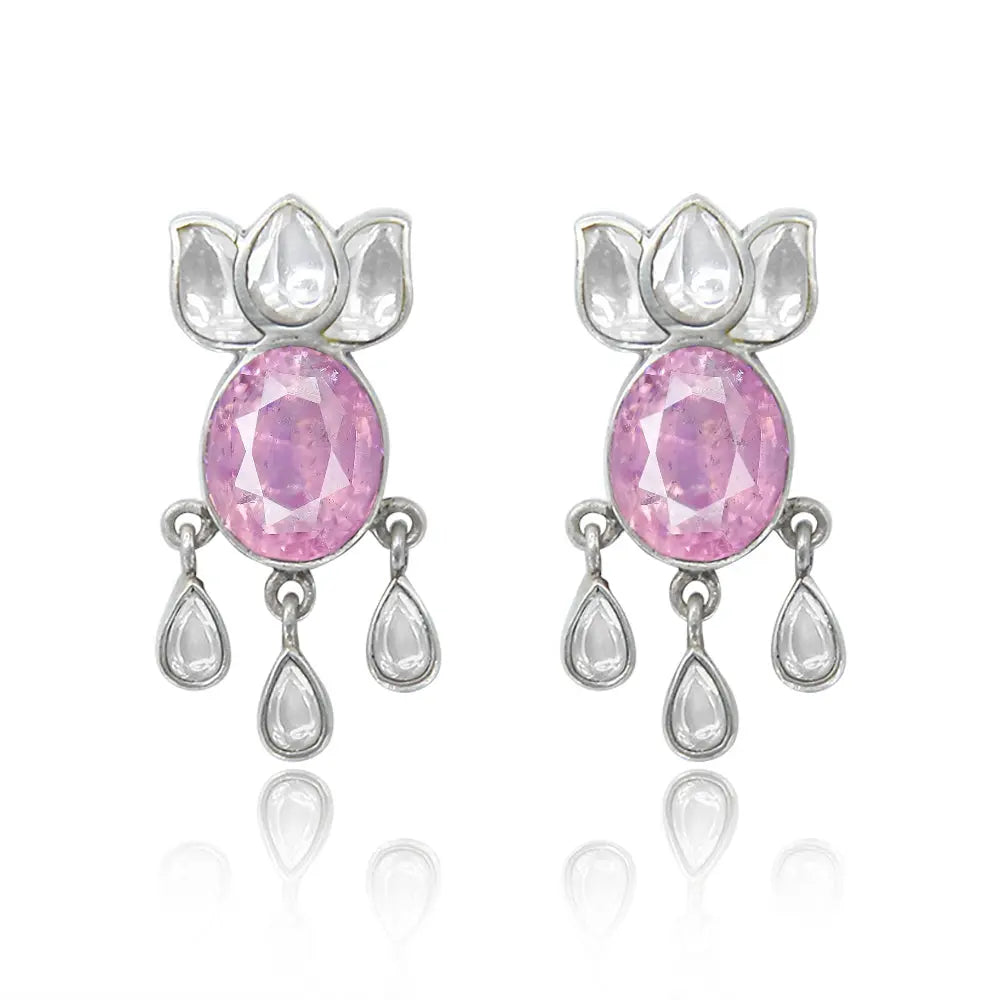 Pink Zircon With Polki Lotus Silver Earring