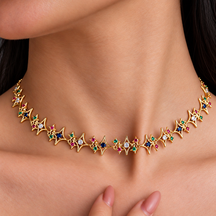 24kt Gold Plated 925 Pure Silver Patakha Rainbow Constellation Statement Choker Necklace