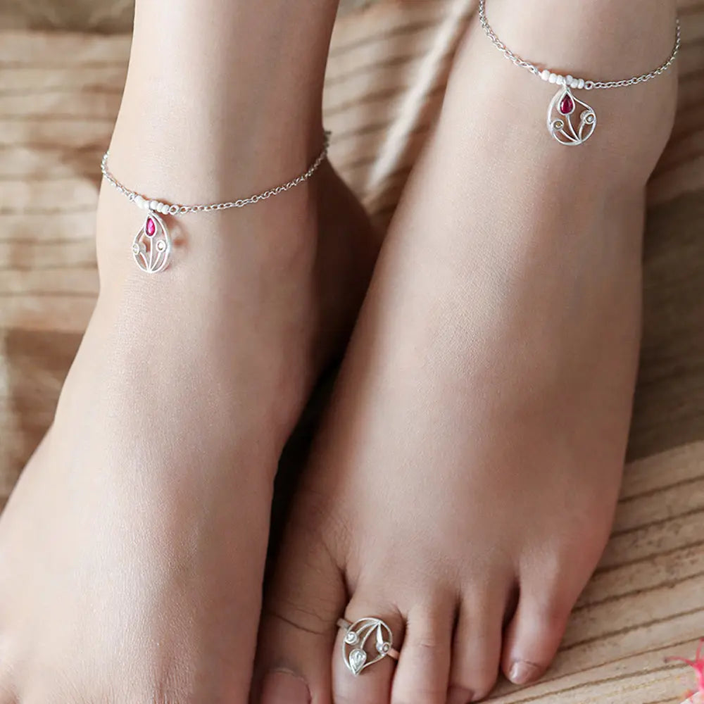 Silver 92.5 Aam Ras Red Anklet