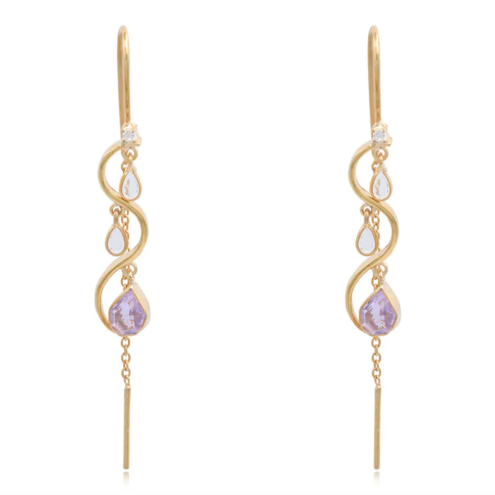 Silver 92.5 Sui Dhaga Earing With Amethyst And Polki Drops