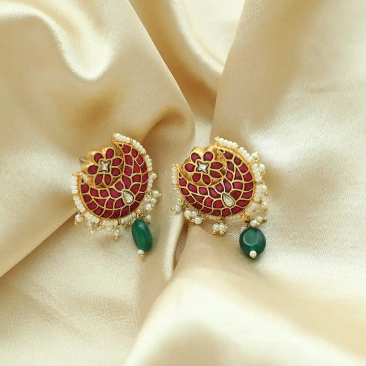 SILVER MAROON AND GREEN KUNDAN EARRINGS