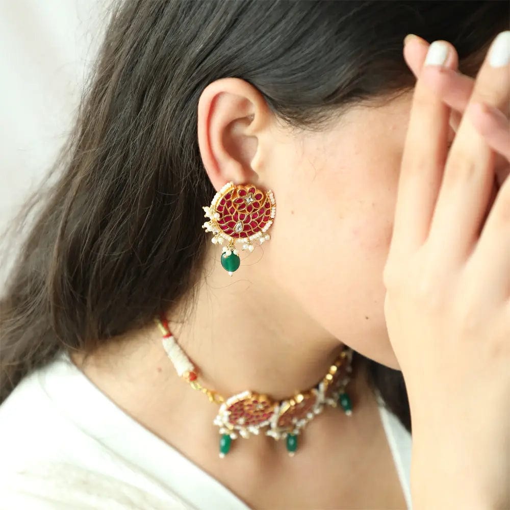 SILVER MAROON AND GREEN KUNDAN EARRINGS