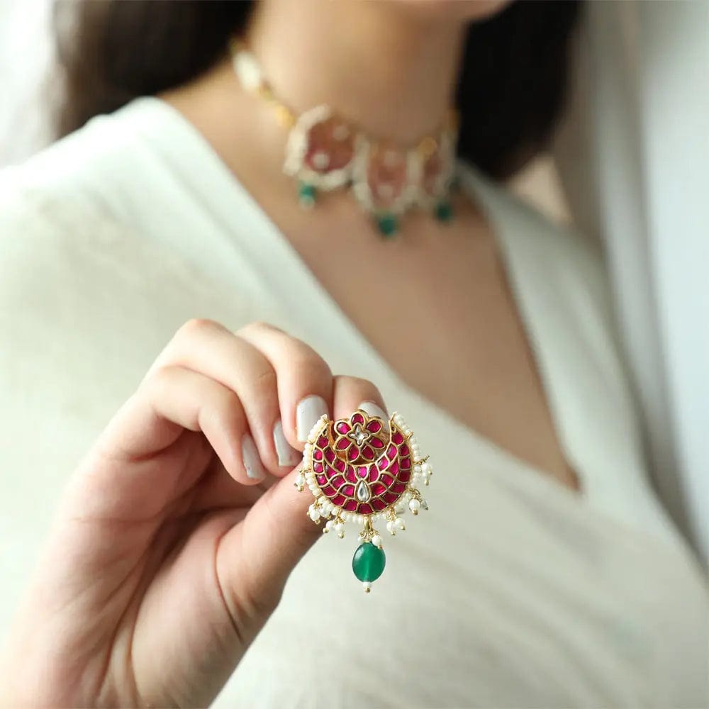 SILVER MAROON AND GREEN KUNDAN EARRINGS