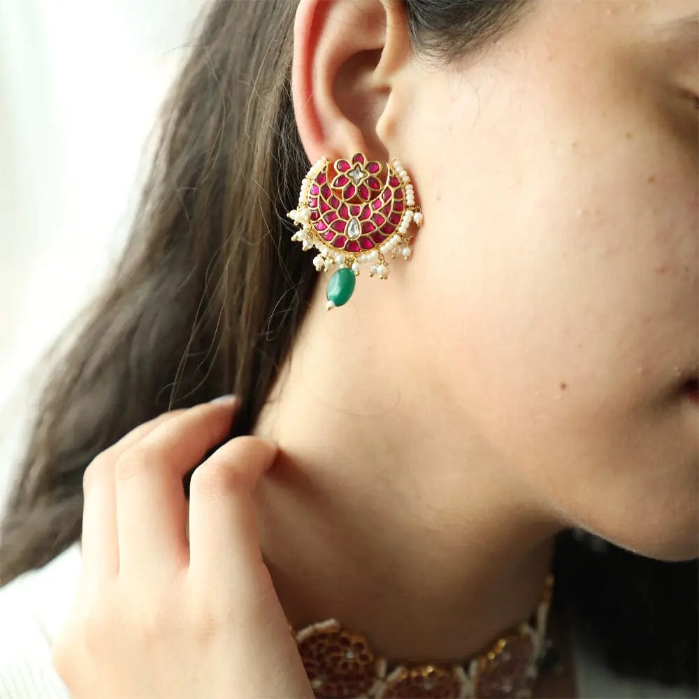 SILVER MAROON AND GREEN KUNDAN EARRINGS