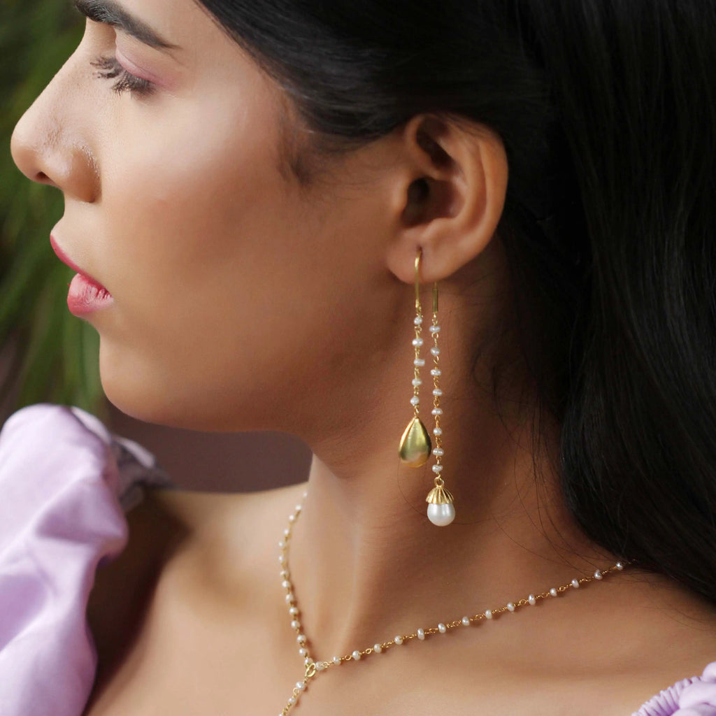 Chloe Earrings. Gold drop earrings. Freshwater pearl charm earrings.