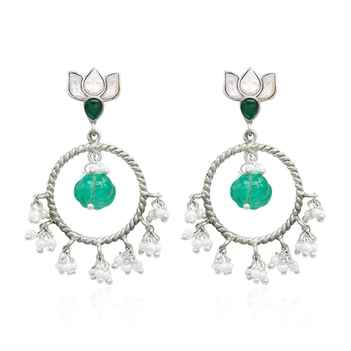 Silver 92.5 Lotus Earring With Green Bead