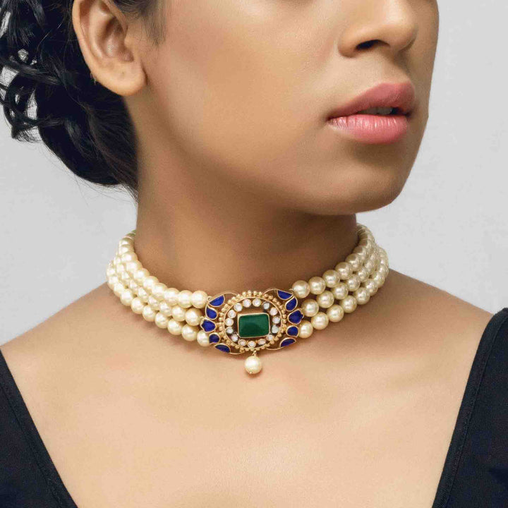 Silver Gold Plated Blue Centre Pearl Choker