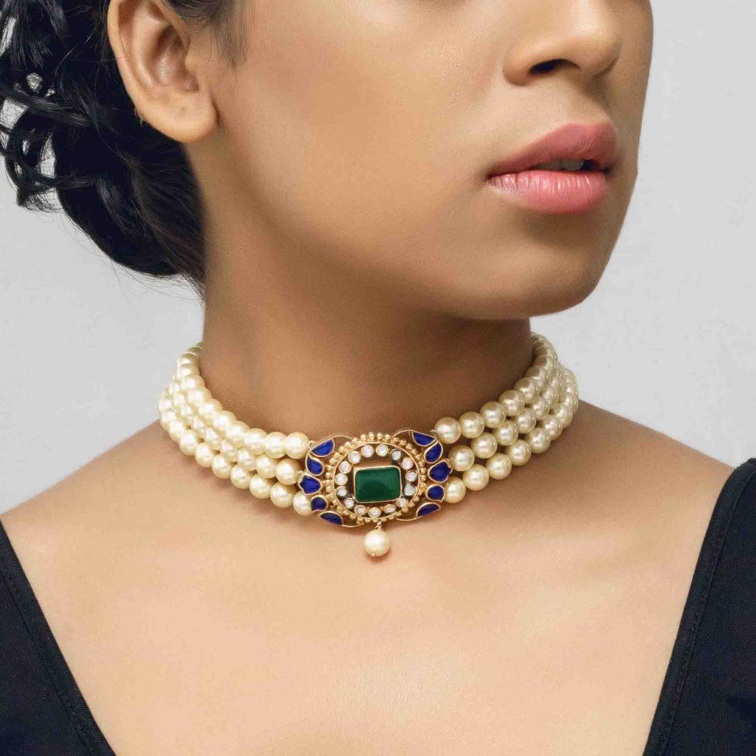 Buy Silver Gold Plated Blue Centre Pearl Choker Online