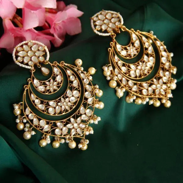 Aesthetic Pearl Mirror Gold Plated Chandbali Earrings