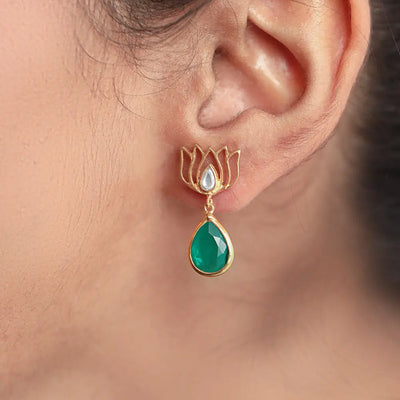 Silver Green Lotus Earring