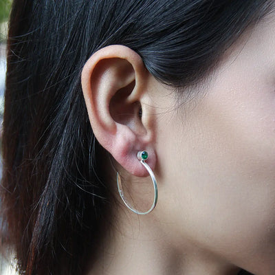 Silver Hoops with Green Stud
