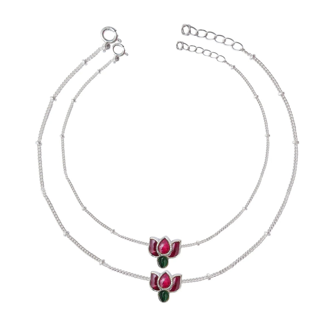 925 Sterling Silver Kundan Lotus Anklet ( Pair)