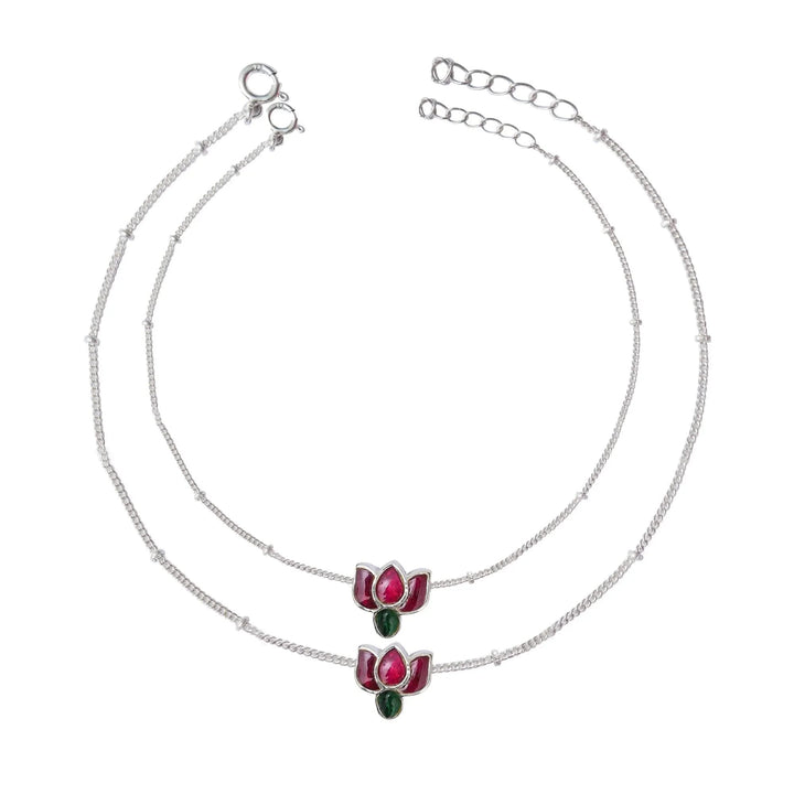 925 Sterling Silver Kundan Lotus Anklet ( Pair)