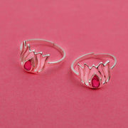Silver Lotus Toe ring with Pink stone