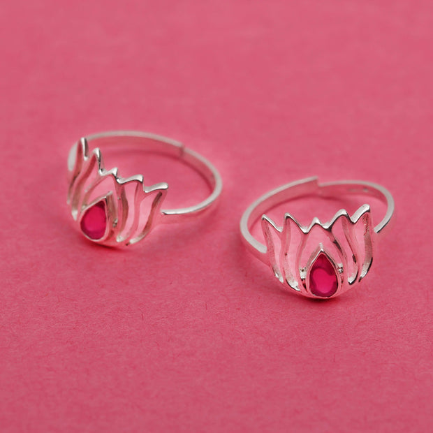 Silver Lotus Toe ring with Pink stone Unniyarcha Jewellery