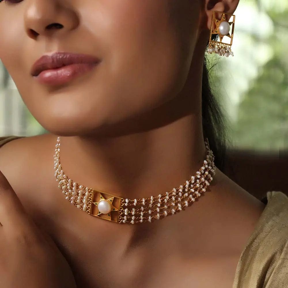 Buy Silver White pearl choker with star pattern Online