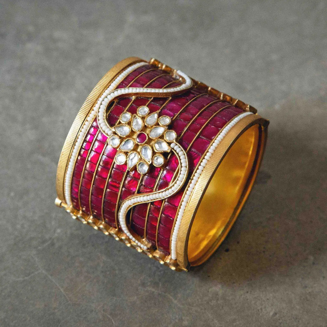 Silver gold plated pink jadau bangle