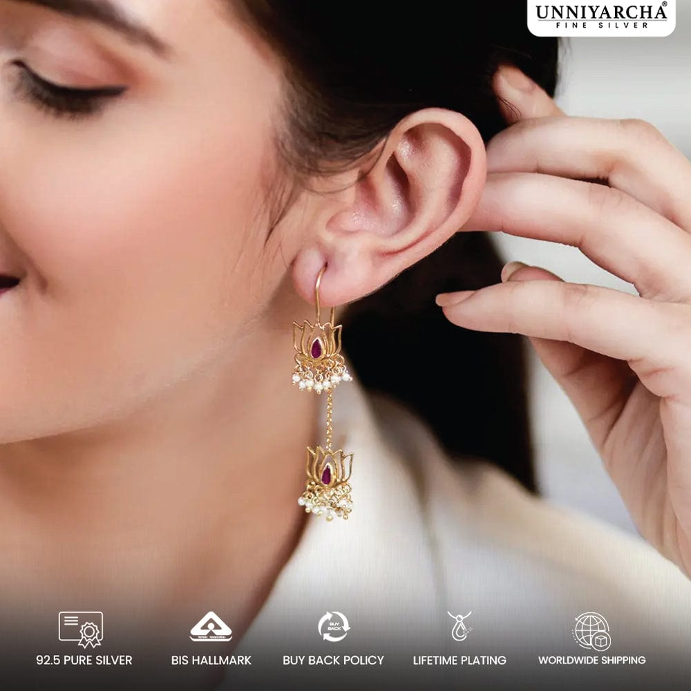 Silver Sui Dhaga earrings with lotus motif, handcrafted in 92.5 sterling silver