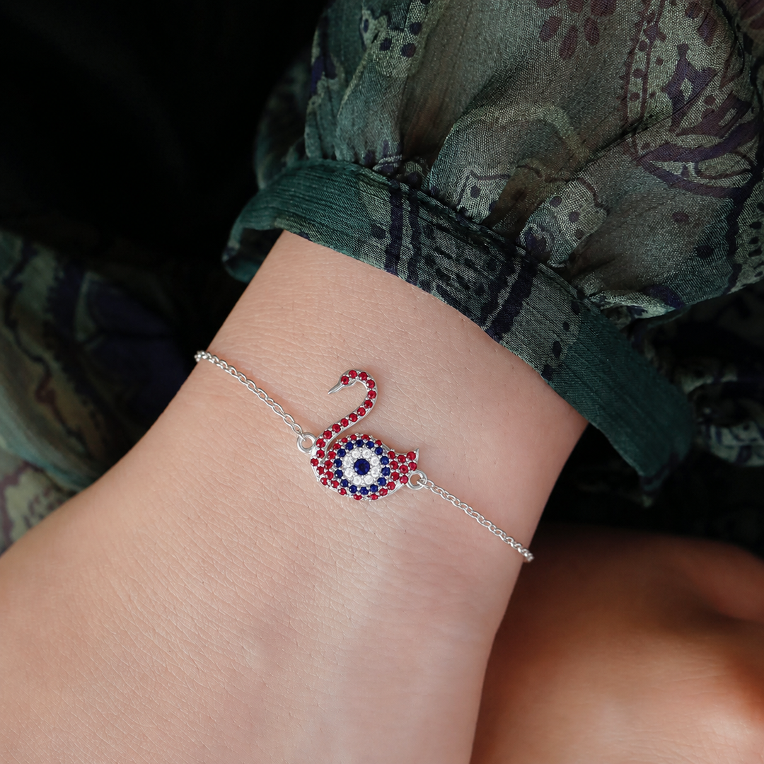925 Pure Silver Sparkling Swan Evil Eye Bracelet