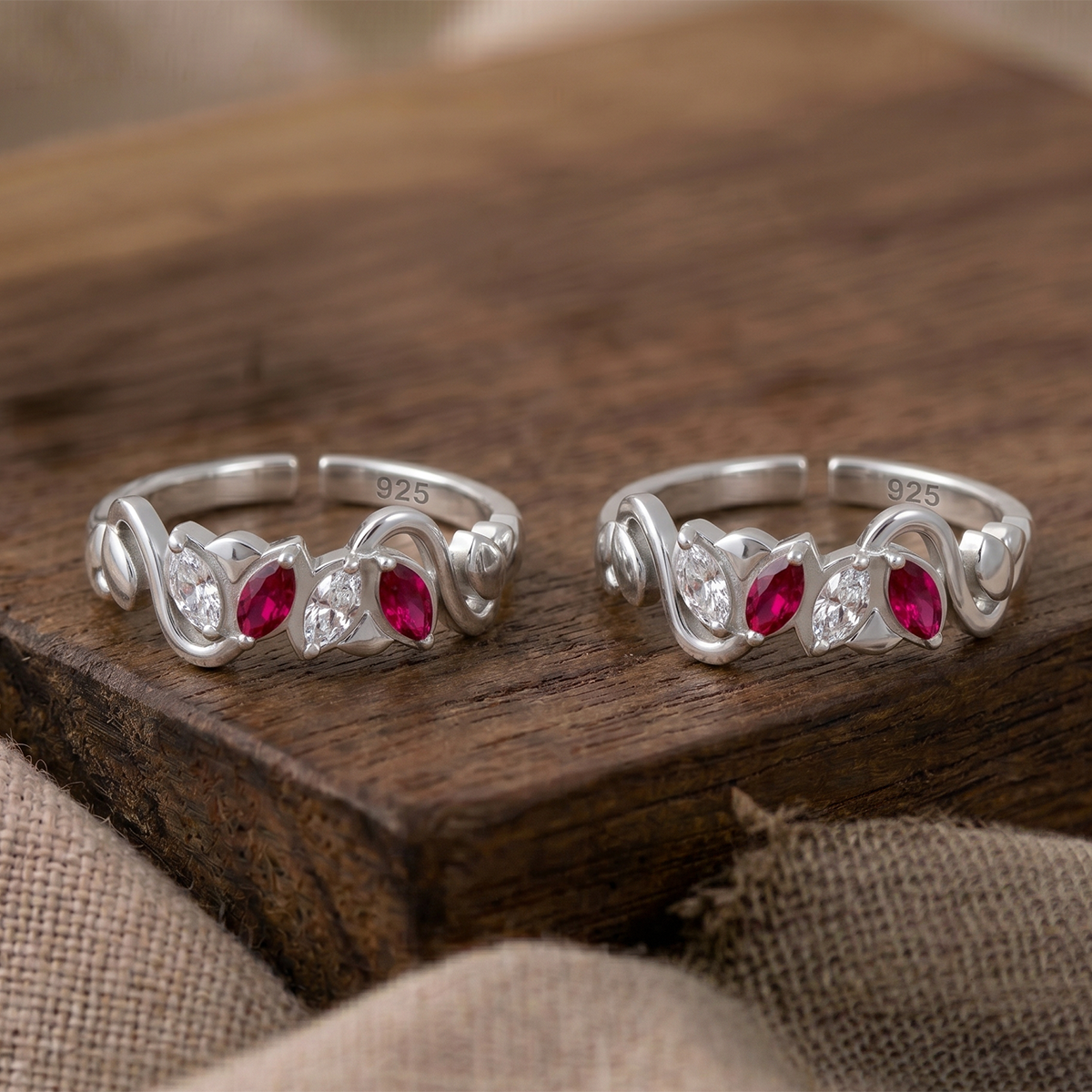 Pure 92.5 Silver Dual Stone Toe Rings (Pair) | Red & White Zircon ...