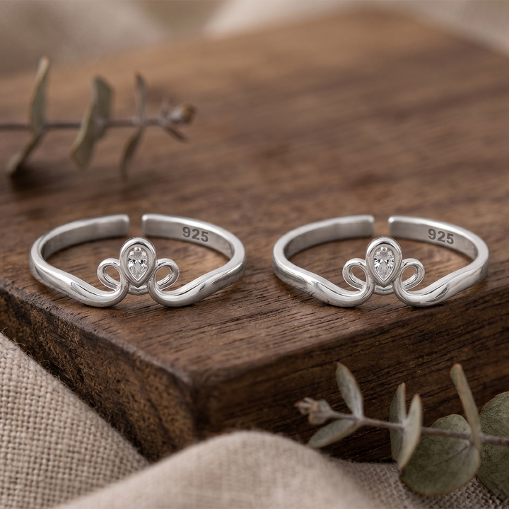 Pure 92.5 Silver Crown Toe Rings - Set of 2