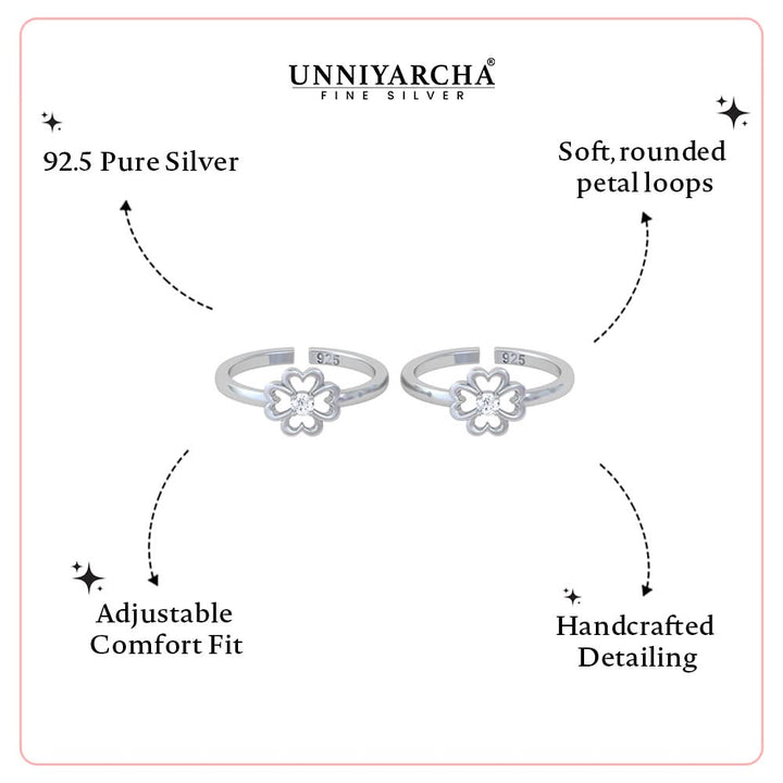 925 Pure Silver Four-Heart Clover Toe Ring (Adjustable)