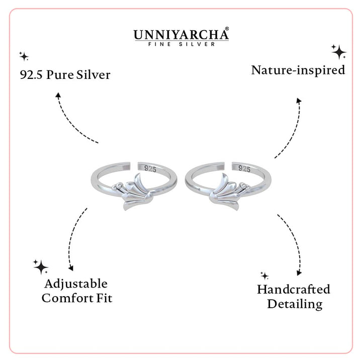 925 Pure Silver Bloom Toe Rings for Women (Adjustable)