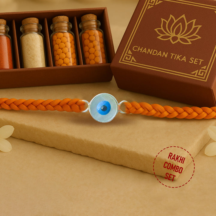 92.5 Silver Evil Eye Rakhi with Chandan Tilak Set