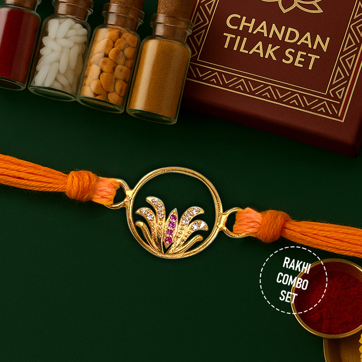 Pure 92.5 Silver Gold Plated Lotus Rakhi with Chandan Tilak Set
