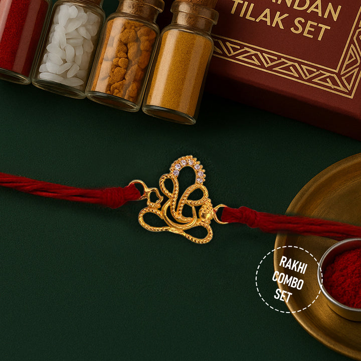 Pure 92.5 Silver Gold Plated Ganesha Rakhi with Chandan Tilak Set