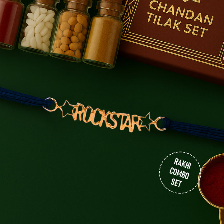 Pure 92.5 Silver Gold Plated  Rockstar Rakhi with Chandan Tilak Set