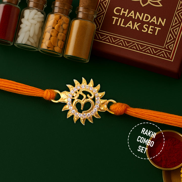 Pure 92.5 Silver Gold Plated Om Rakhi with Chandan Tilak Set