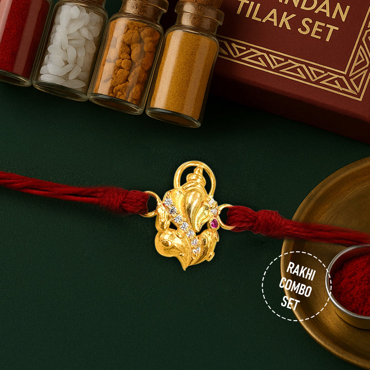 Pure 92.5 Silver Gold Plated Ganesha Rakhi with Chandan Tilak Set