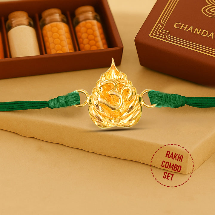 Pure 92.5 Silver Gold Plated OM Rakhi with Chandan Tilak Set