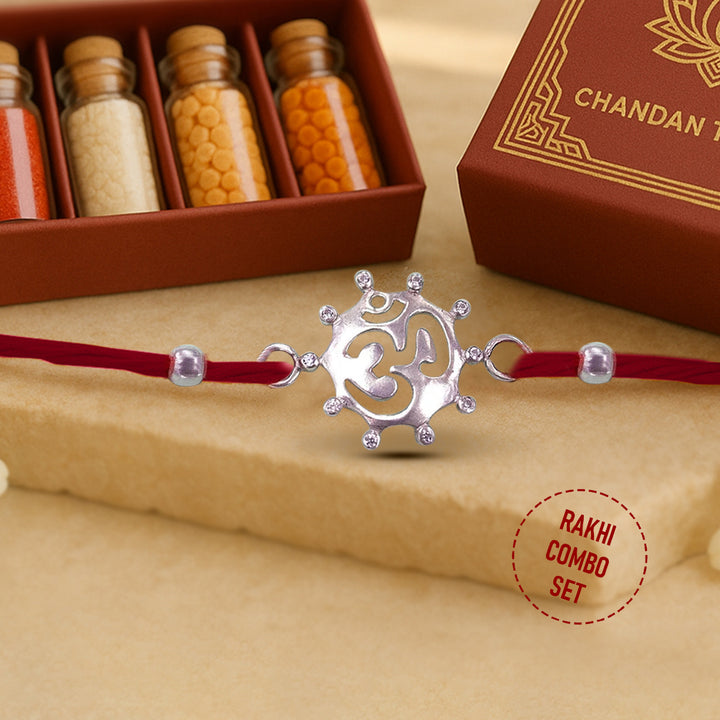 Pure 92.5 Silver OM Rakhi with Chandan Tilak Set