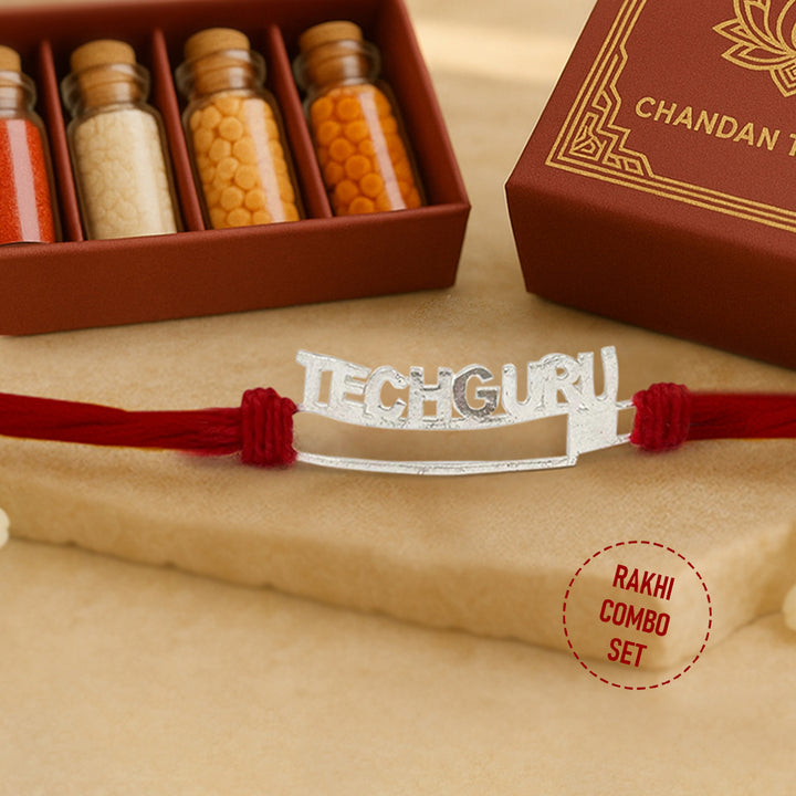 Pure 92.5 Silver Techguru Rakhi with Chandan Tilak Set