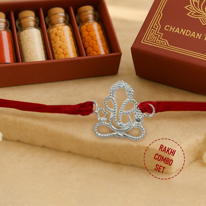 Pure 92.5 Lord Ganesha Line Image Silver Rakhi with Chandan Tilak Set