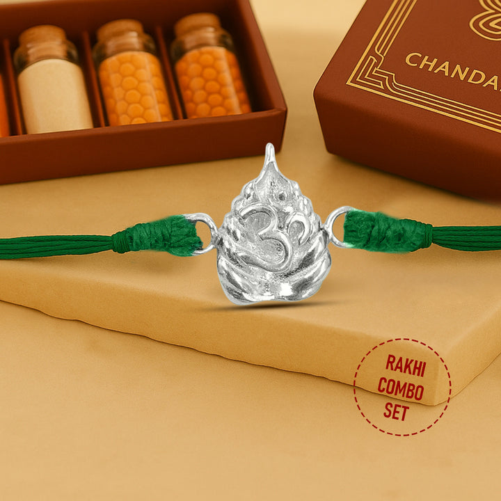 Pure 92.5 Betel Leaf Silver Rakhi with Chandan Tilak Set
