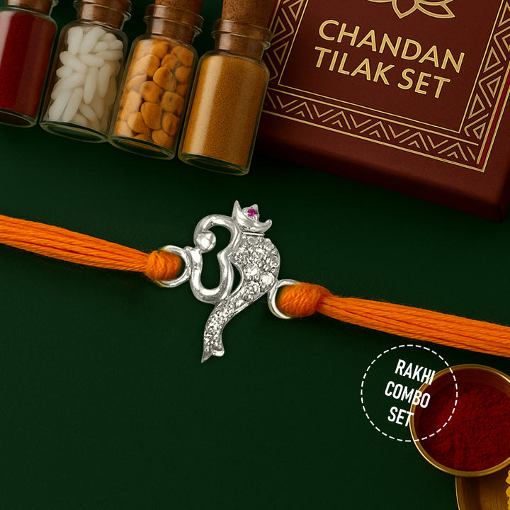 Pure 92.5 Silver Om with Ganesha Trunk Rakhi with Chandan Tilak Set