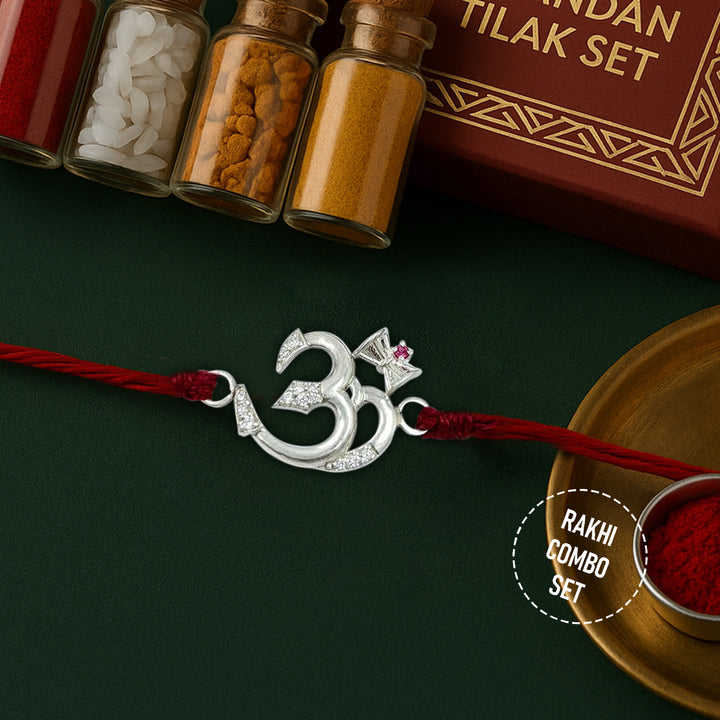 Pure 92.5 Silver Hindu Om Rakhi with Chandan Tilak Set
